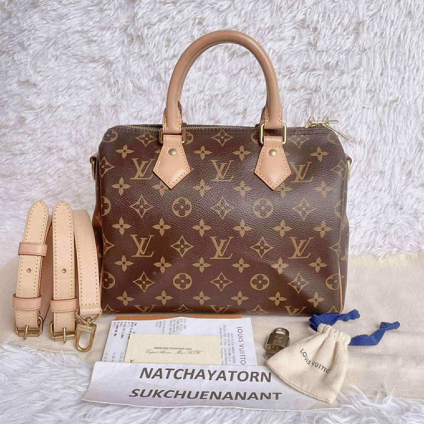 Speedy 25 monogram bandoloere with dust bag and key set mb5119